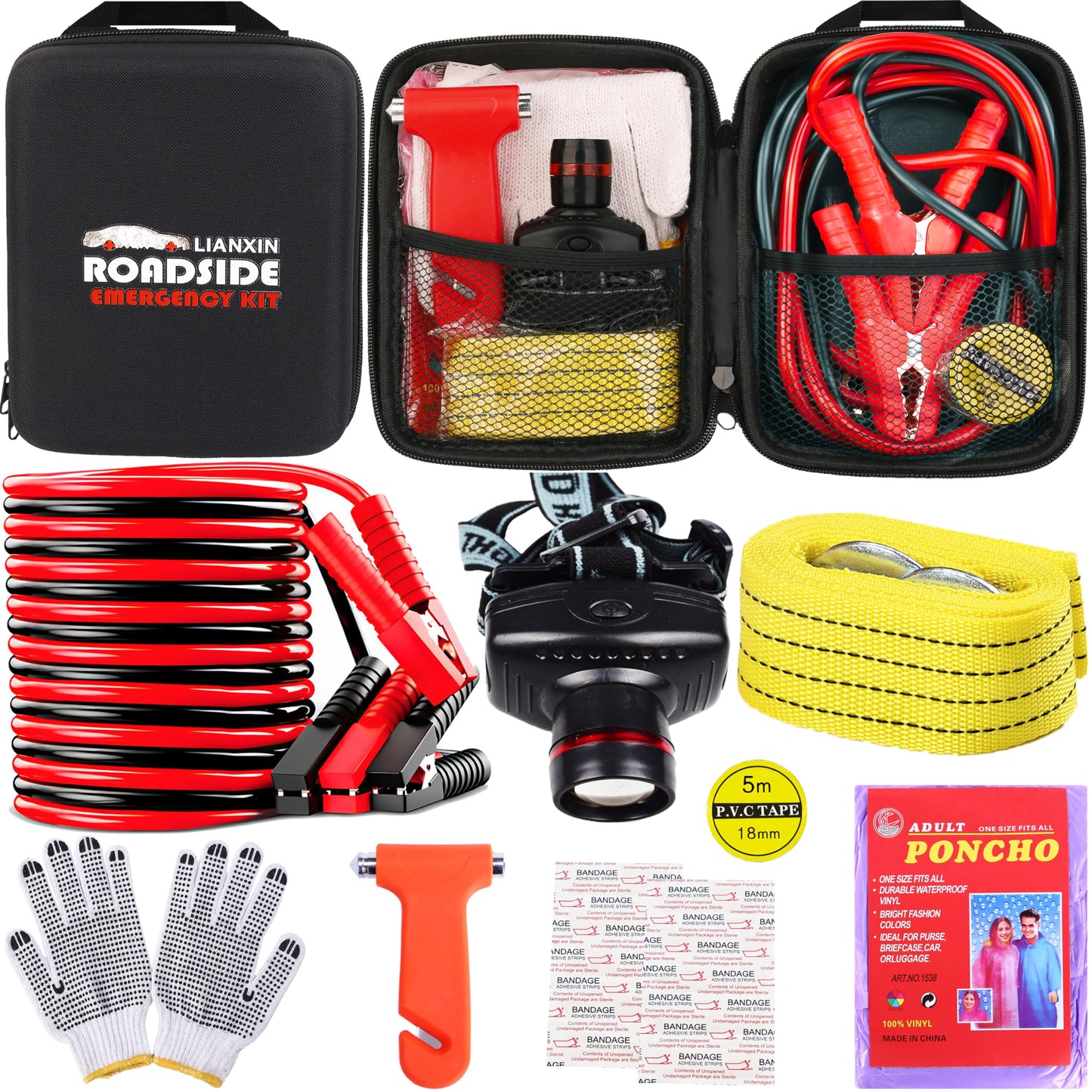 Car Roadside Emergency Kit with Jumper Cables, Tow Strap & Safety Tools