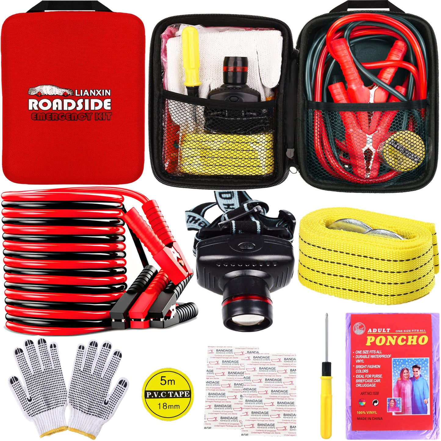 Car Roadside Emergency Kit with Jumper Cables, Tow Strap & Safety Tools