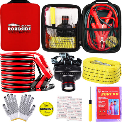Car Roadside Emergency Kit with Jumper Cables, Tow Strap & Safety Tools