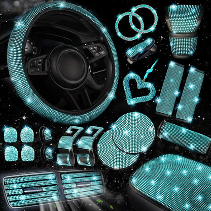 30-Piece Rhinestone Car Interior Accessory Set (Steering Wheel Cover & More)