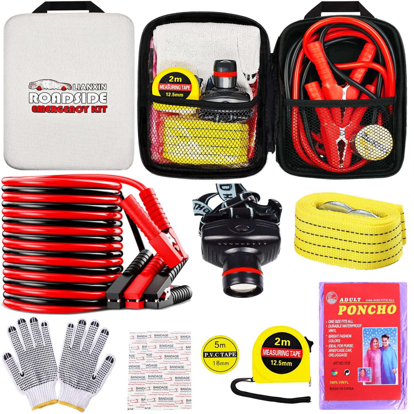 Car Roadside Emergency Kit with Jumper Cables, Tow Strap & Safety Tools