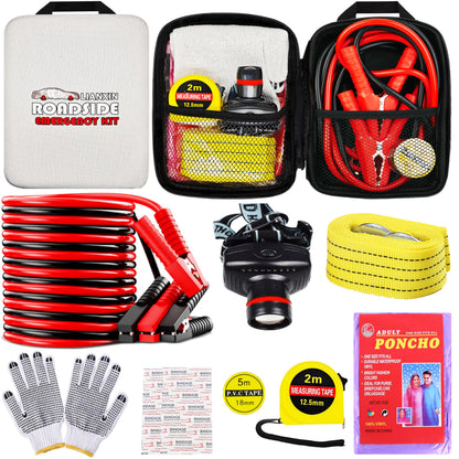 Car Roadside Emergency Kit with Jumper Cables, Tow Strap & Safety Tools