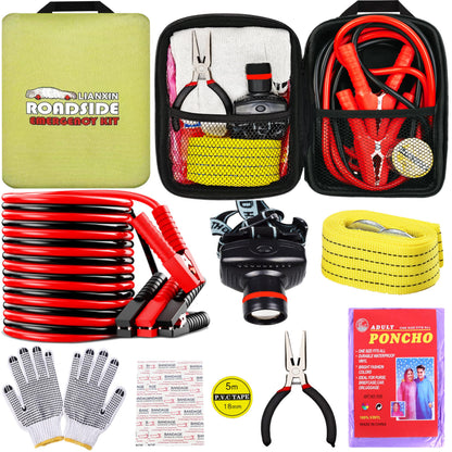 Car Roadside Emergency Kit with Jumper Cables, Tow Strap & Safety Tools