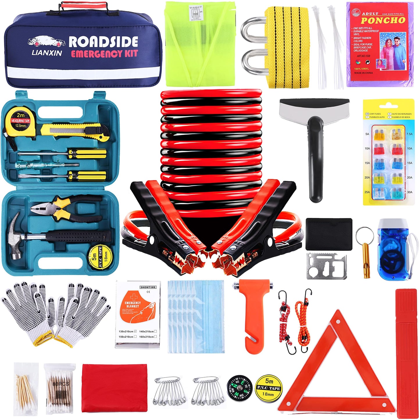 142-Piece Car Roadside Emergency Kit with Jumper Cables & Tow Strap
