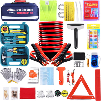 142-Piece Car Roadside Emergency Kit with Jumper Cables & Tow Strap