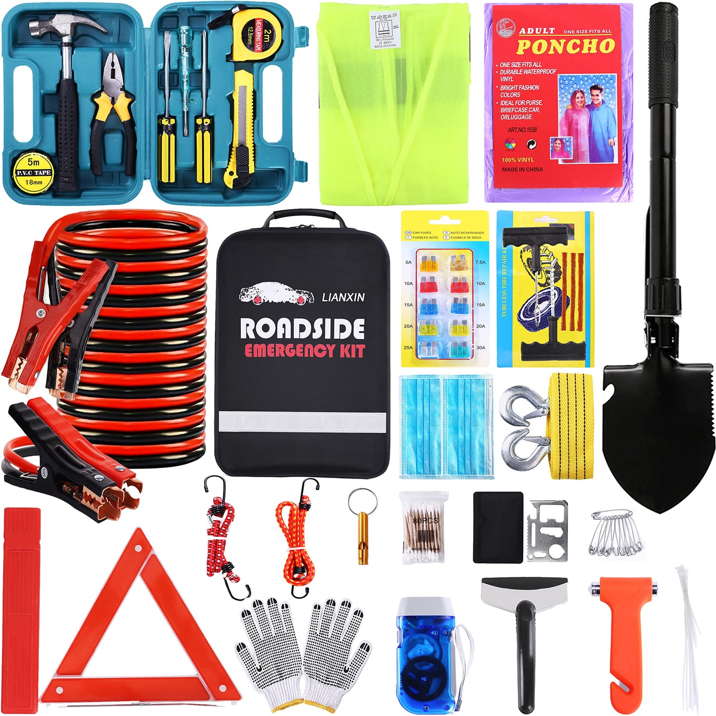 142-Piece Car Roadside Emergency Kit with Jumper Cables & Tow Strap