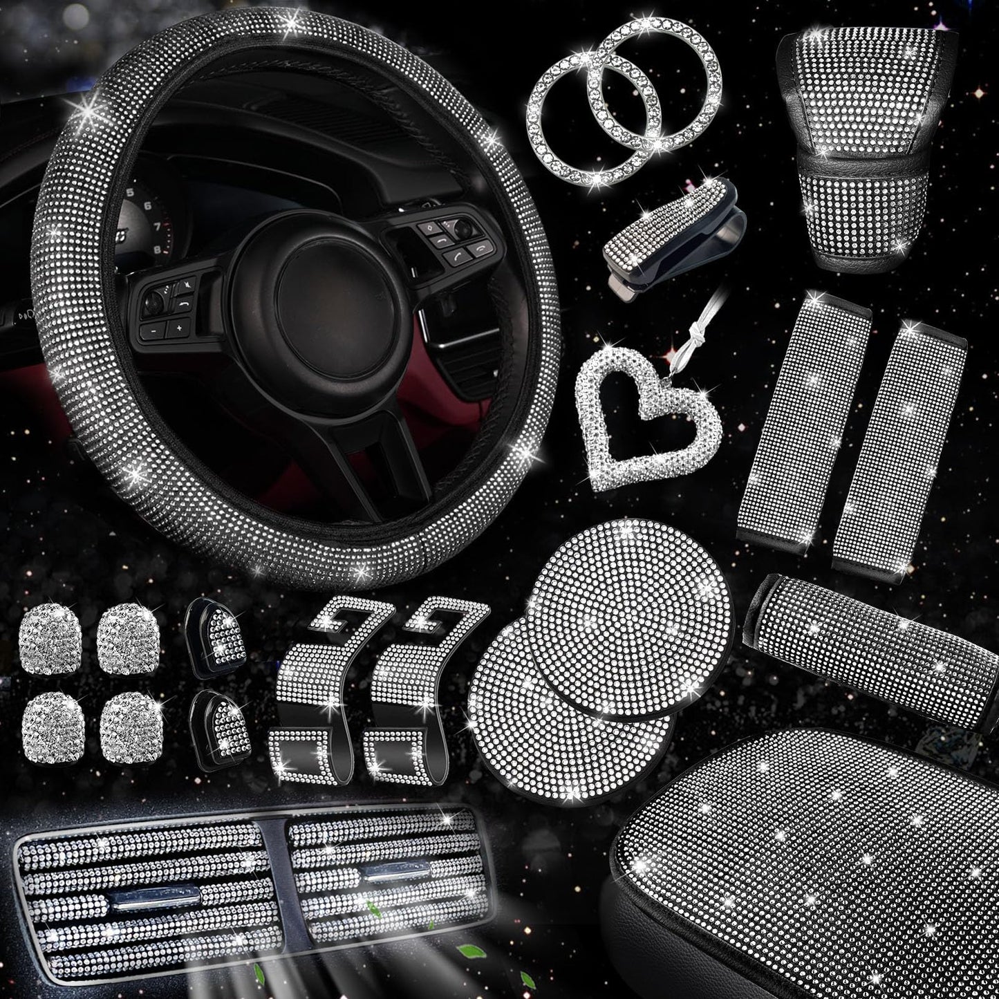 30-Piece Rhinestone Car Interior Accessory Set (Steering Wheel Cover & More)