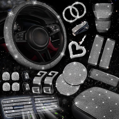 30-Piece Rhinestone Car Interior Accessory Set (Steering Wheel Cover & More)