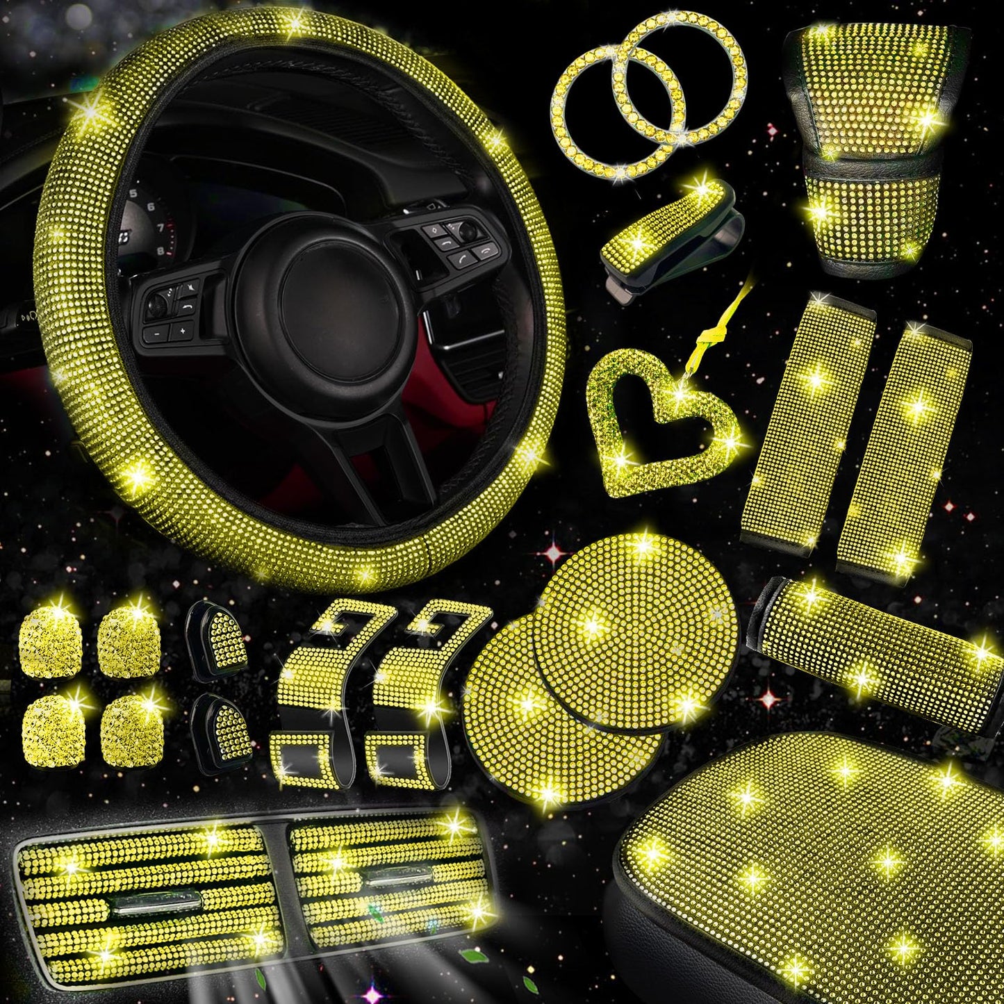 30-Piece Rhinestone Car Interior Accessory Set (Steering Wheel Cover & More)